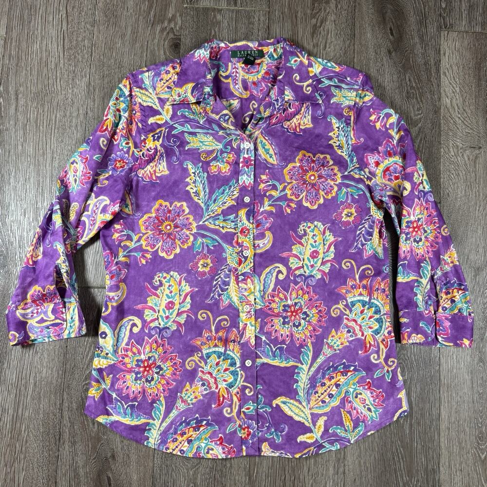 Lauren Ralph Lauren Womens L Purple Paisley Floral Cotton Button Down Shirt